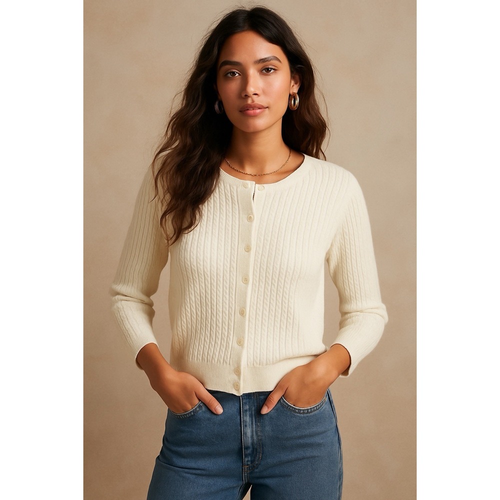 Jeanne‎ Pierre Women's Cable Knit Cardigan Sweater White XL Cotton Classic Chic